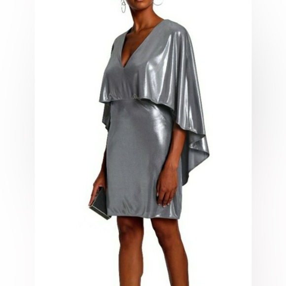 Halston Heritage Short Metallic Silver A-line Cape Sleeve V-Neck Dress Size10 NW